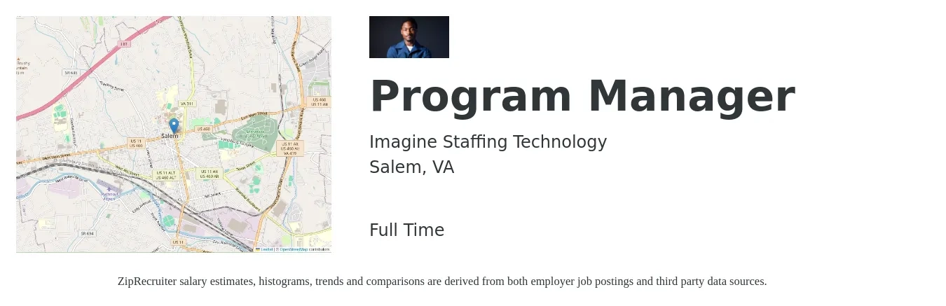 Imagine Staffing Technology job posting for a Program Manager in Salem, VA with a salary of $77,000 to $128,300 Yearly with a map of Salem location.