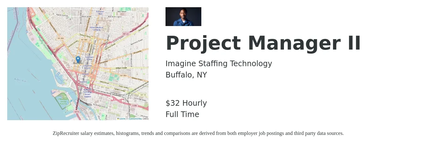 Imagine Staffing Technology job posting for a Project Manager II in Buffalo, NY with a salary of $34 Hourly with a map of Buffalo location.