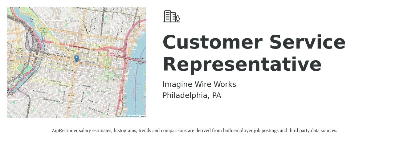 Imagine Wire Works job posting for a Customer Service Representative in Philadelphia, PA with a salary of $16 to $22 Hourly with a map of Philadelphia location.