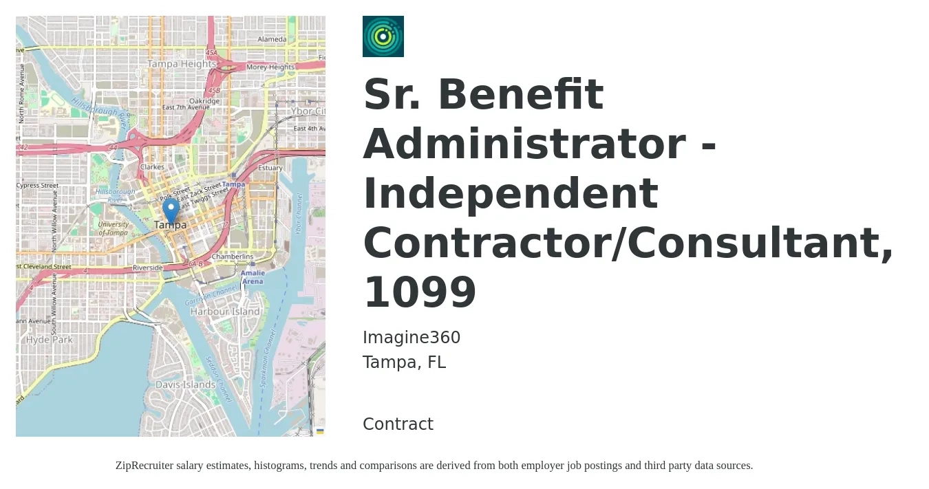 Imagine360 job posting for a Sr. Benefit Administrator - Independent Contractor/Consultant, 1099 in Tampa, FL with a salary of $47,700 to $70,900 Yearly with a map of Tampa location.
