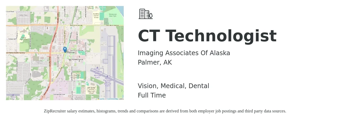 Imaging Associates Of Alaska job posting for a CT Technologist in Palmer, AK with a salary of $1,960 to $2,750 Weekly and benefits including pto, retirement, vision, dental, life_insurance, and medical with a map of Palmer location.