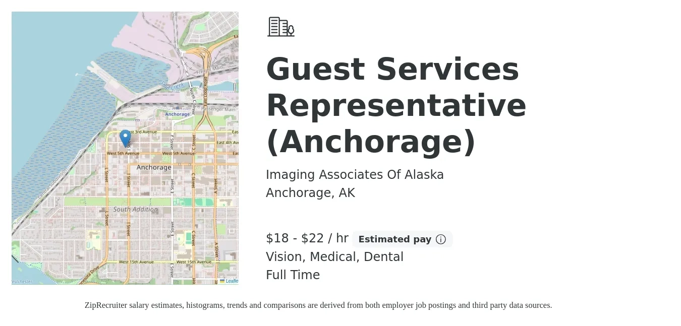 Imaging Associates Of Alaska job posting for a Guest Services Representative (Anchorage) in Anchorage, AK with a salary of $19 to $23 Hourly and benefits including dental, life_insurance, medical, pto, retirement, and vision with a map of Anchorage location.