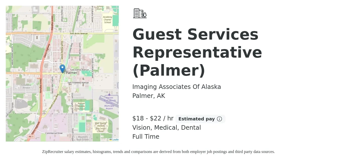 Imaging Associates Of Alaska job posting for a Guest Services Representative (Palmer) in Palmer, AK with a salary of $19 to $23 Hourly and benefits including life_insurance, medical, pto, retirement, vision, and dental with a map of Palmer location.