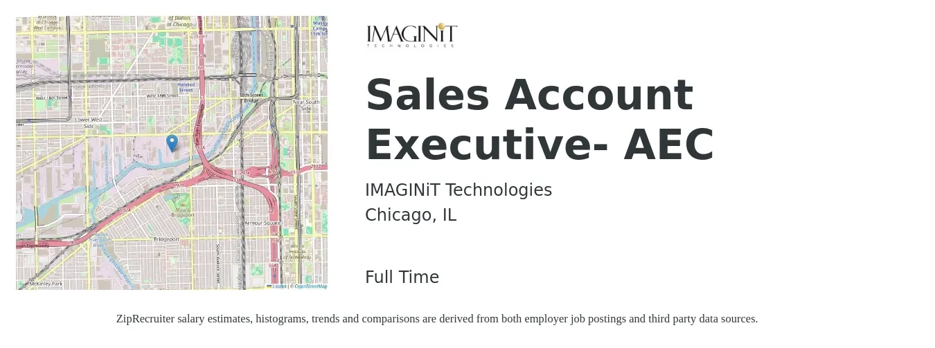 IMAGINiT Technologies job posting for a Sales Account Executive- AEC in Chicago, IL with a salary of $55,100 to $86,500 Yearly with a map of Chicago location.