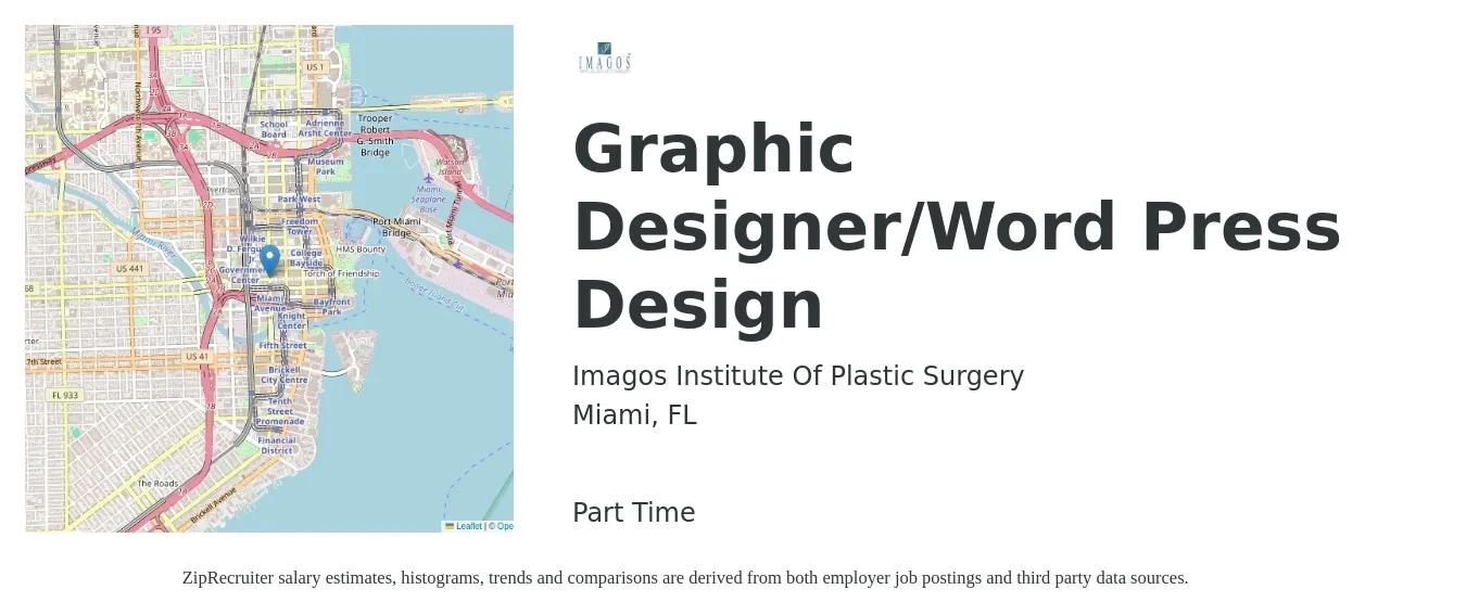 Imagos Institute Of Plastic Surgery job posting for a Graphic Designer/Word Press Design in Miami, FL with a salary of $19 to $30 Hourly with a map of Miami location.