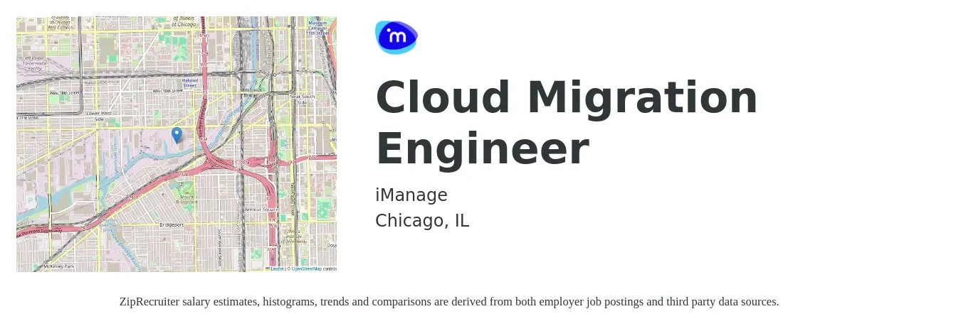 iManage job posting for a Cloud Migration Engineer in Chicago, IL with a salary of $58 to $77 Hourly with a map of Chicago location.