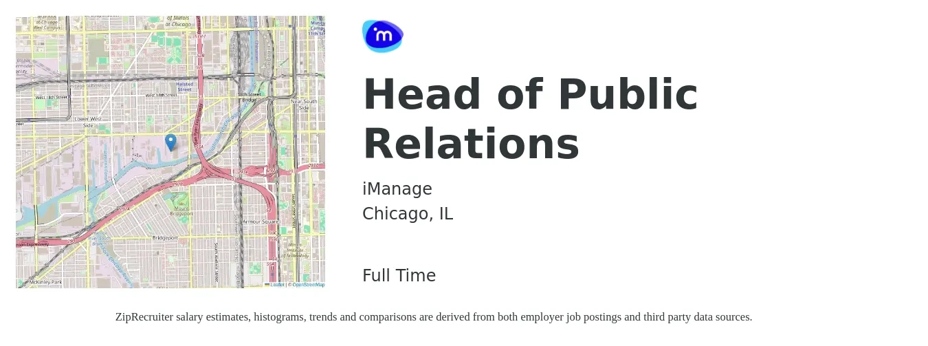 iManage job posting for a Head of Public Relations in Chicago, IL with a salary of $77,300 to $132,500 Yearly with a map of Chicago location.