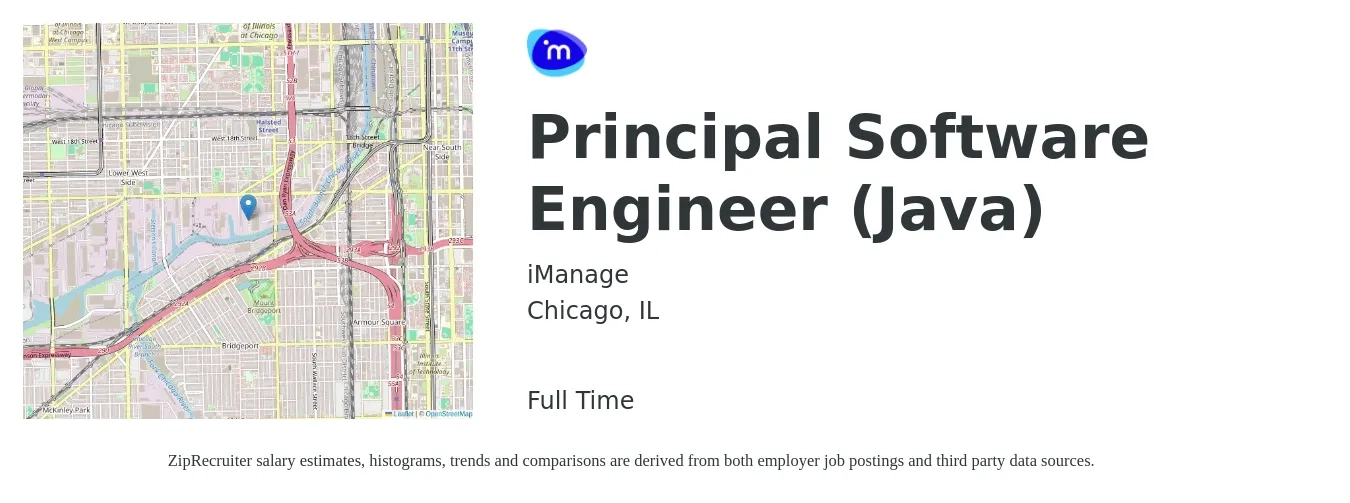 iManage job posting for a Principal Software Engineer (Java) in Chicago, IL with a salary of $132,400 to $170,000 Yearly with a map of Chicago location.