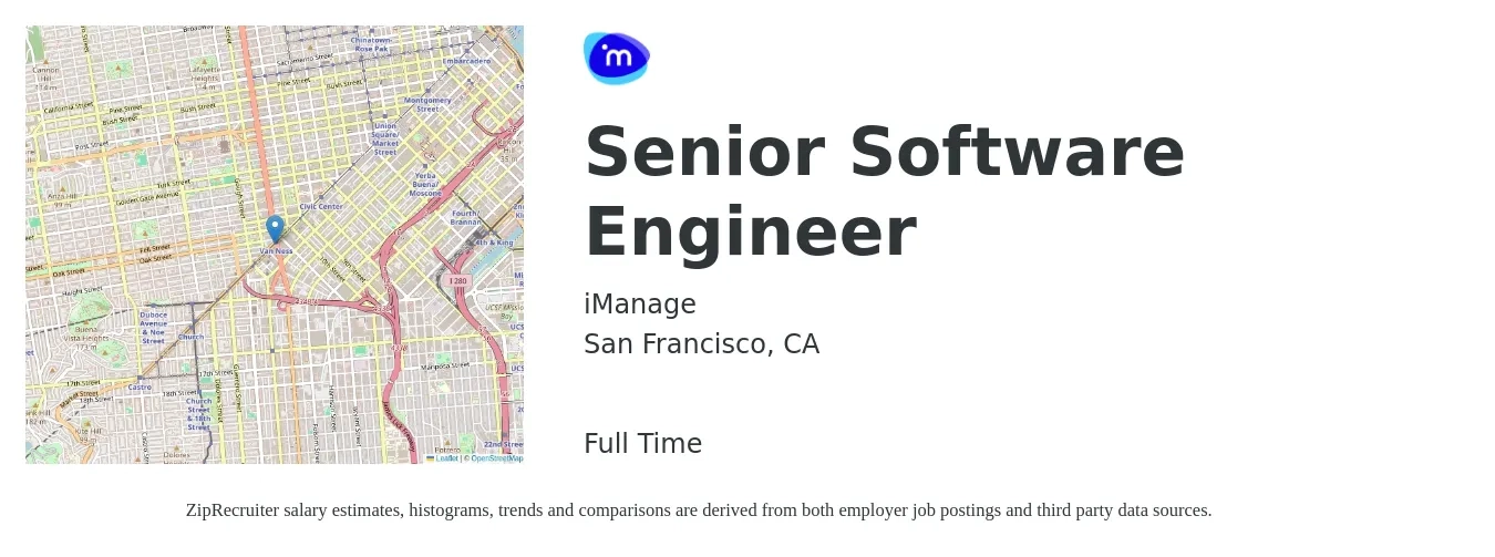 iManage job posting for a Senior Software Engineer in San Francisco, CA with a salary of $144,300 to $190,300 Yearly with a map of San Francisco location.