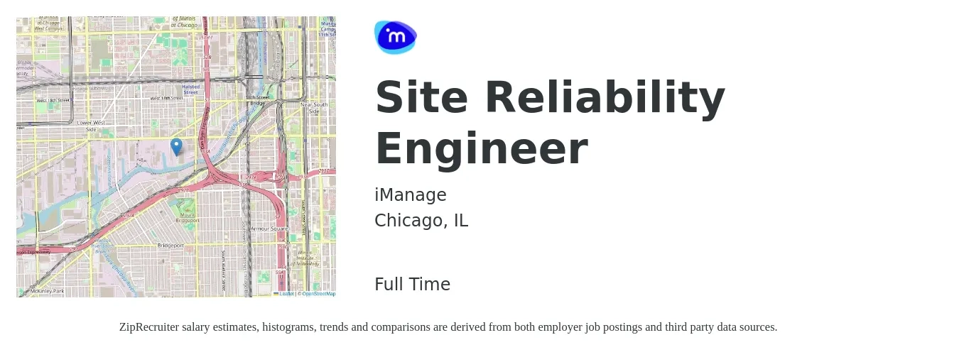iManage job posting for a Site Reliability Engineer in Chicago, IL with a salary of $59 to $78 Hourly with a map of Chicago location.