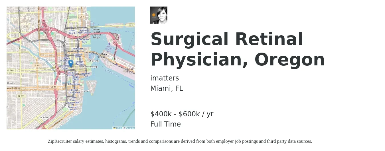imatters job posting for a Surgical Retinal Physician, Oregon in Miami, FL with a salary of $400,000 to $600,000 Yearly with a map of Miami location.