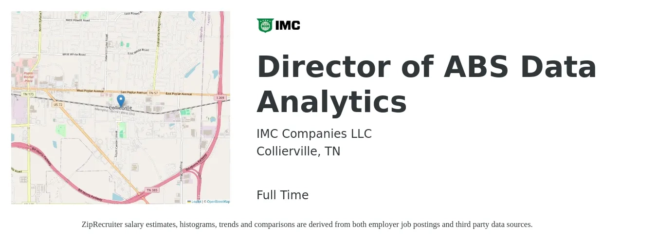 IMC Companies LLC job posting for a Director of ABS Data Analytics in Collierville, TN with a salary of $99,000 to $159,200 Yearly with a map of Collierville location.