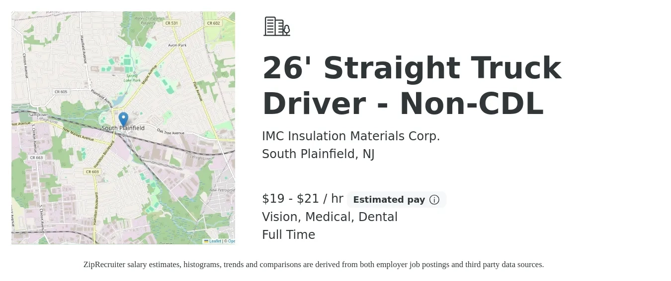 IMC Insulation Materials Corp. job posting for a 26' Straight Truck Driver - Non-CDL in South Plainfield, NJ with a salary of $20 Hourly and benefits including life_insurance, medical, pto, retirement, vision, and dental with a map of South Plainfield location.