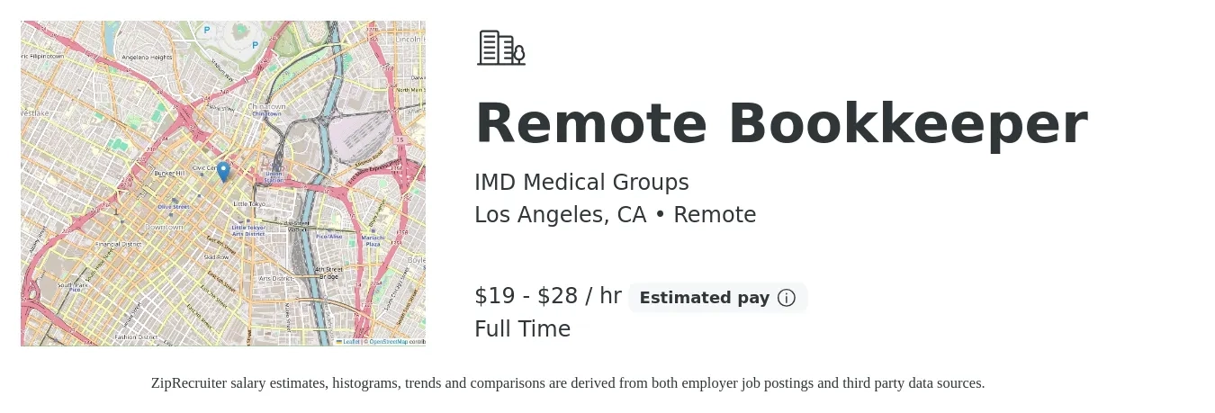 IMD Medical Groups job posting for a Remote Bookkeeper in Los Angeles, CA with a salary of $20 to $30 Hourly with a map of Los Angeles location.