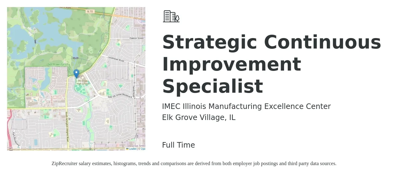 IMEC Illinois Manufacturing Excellence Center job posting for a Strategic Continuous Improvement Specialist in Elk Grove Village, IL with a salary of $69,000 to $88,200 Yearly with a map of Elk Grove Village location.