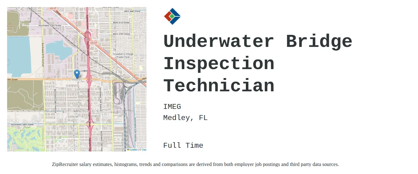 IMEG job posting for a Underwater Bridge Inspection Technician in Medley, FL and benefits including Medical, Vision, Dental, PTO, and Life with a map of Medley location.