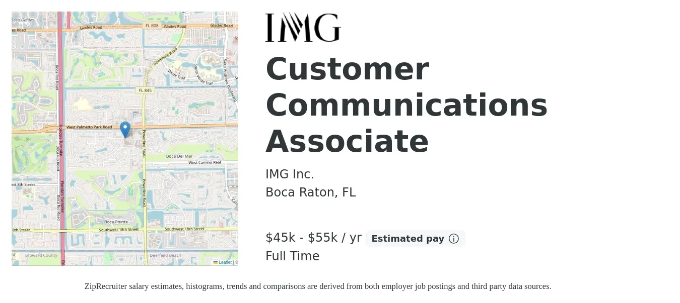 IMG Inc. job posting for a Customer Communications Associate in Boca Raton, FL with a salary of $45,000 to $55,000 Yearly with a map of Boca Raton location.