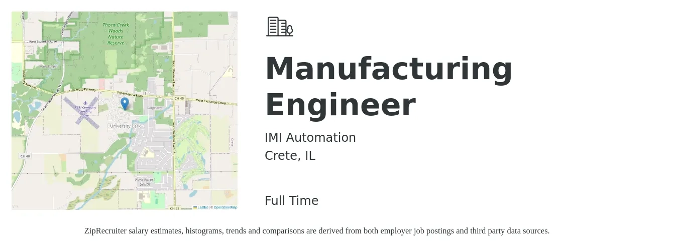 IMI Automation job posting for a Manufacturing Engineer in Crete, IL with a salary of $72,600 to $93,500 Yearly with a map of Crete location.