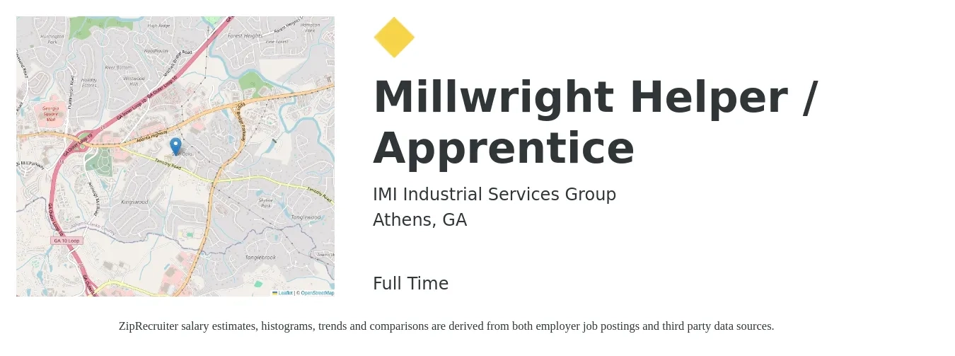 IMI Industrial Services Group job posting for a Millwright Helper / Apprentice in Athens, GA with a salary of $13 to $24 Hourly with a map of Athens location.