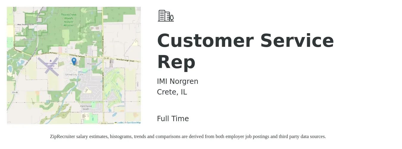 IMI Norgren job posting for a Customer Service Rep in Crete, IL with a salary of $15 to $21 Hourly with a map of Crete location.