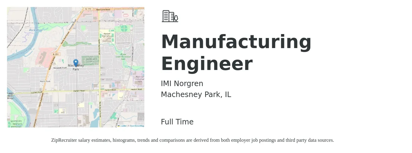 IMI Norgren job posting for a Manufacturing Engineer in Machesney Park, IL with a salary of $70,000 to $90,200 Yearly with a map of Machesney Park location.