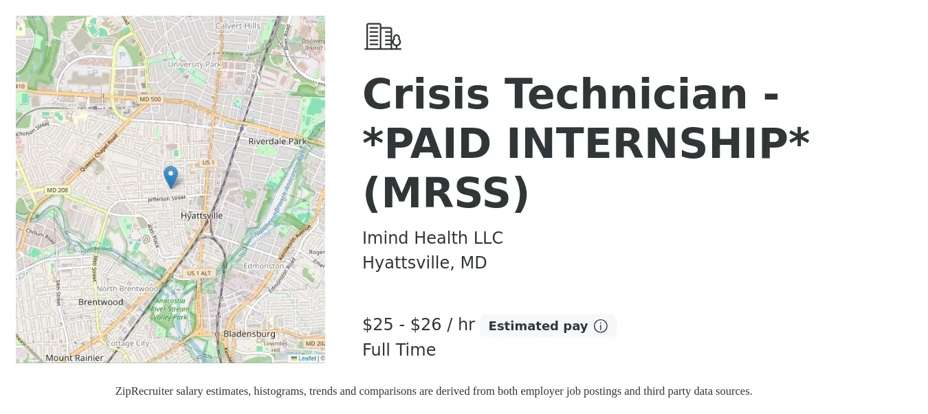 Imind Health LLC job posting for a Crisis Technician - *PAID INTERNSHIP* (MRSS) in Hyattsville, MD with a map of Hyattsville location.