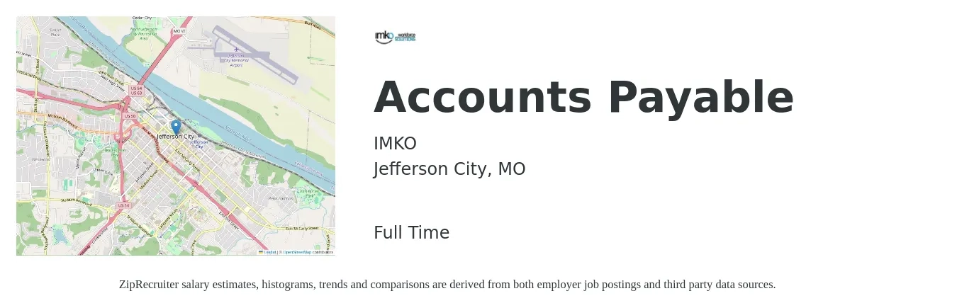 IMKO job posting for a Accounts Payable in Jefferson City, MO with a salary of $18 to $23 Hourly with a map of Jefferson City location.