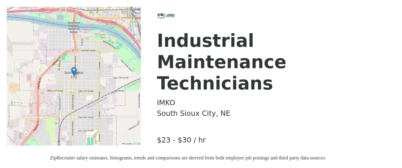 IMKO job posting for a Industrial Maintenance Technicians in South Sioux City, NE with a salary of $24 to $32 Hourly with a map of South Sioux City location.