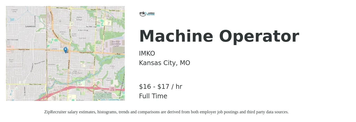 IMKO job posting for a Machine Operator in Kansas City, MO with a salary of $17 to $18 Hourly with a map of Kansas City location.