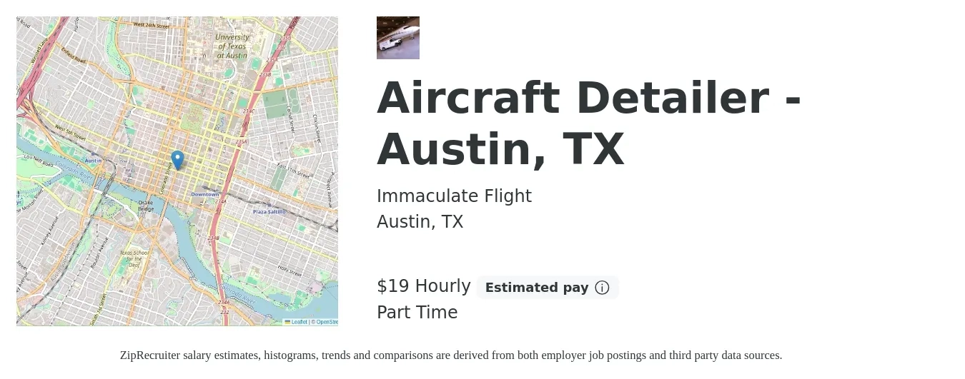 Immaculate Flight job posting for a Aircraft Detailer - Austin, TX in Austin, TX with a salary of $20 Hourly with a map of Austin location.
