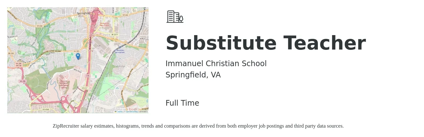 Immanuel Christian School job posting for a Substitute Teacher in Springfield, VA with a salary of $130 to $209 Daily with a map of Springfield location.