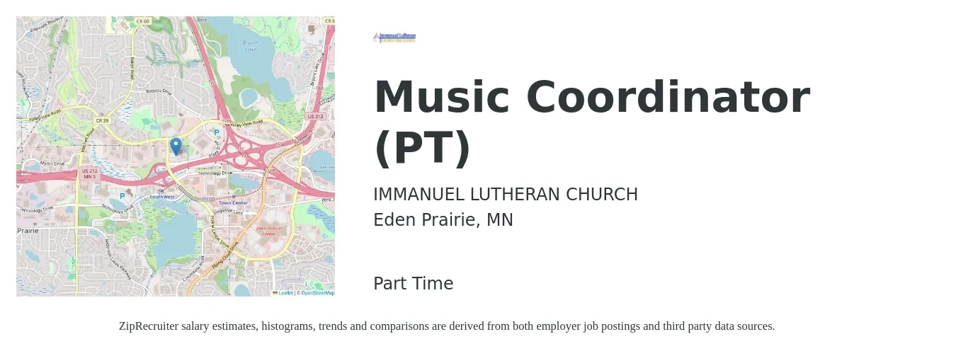 IMMANUEL LUTHERAN CHURCH job posting for a Music Coordinator (PT) in Eden Prairie, MN with a salary of $18 to $24 Hourly with a map of Eden Prairie location.