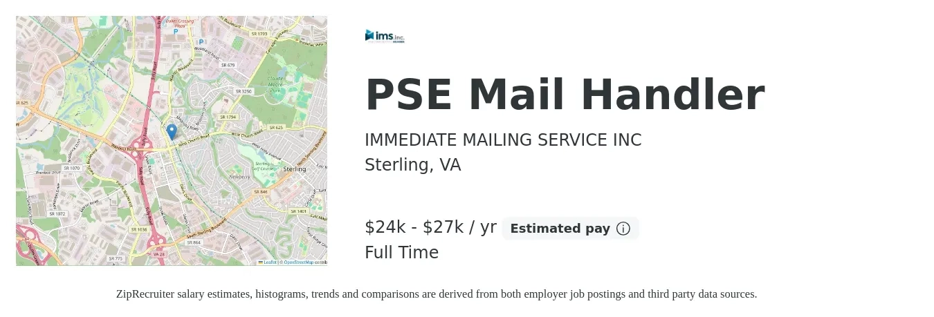 IMMEDIATE MAILING SERVICE INC job posting for a PSE Mail Handler in Sterling, VA with a salary of $24,960 to $27,040 Yearly with a map of Sterling location.