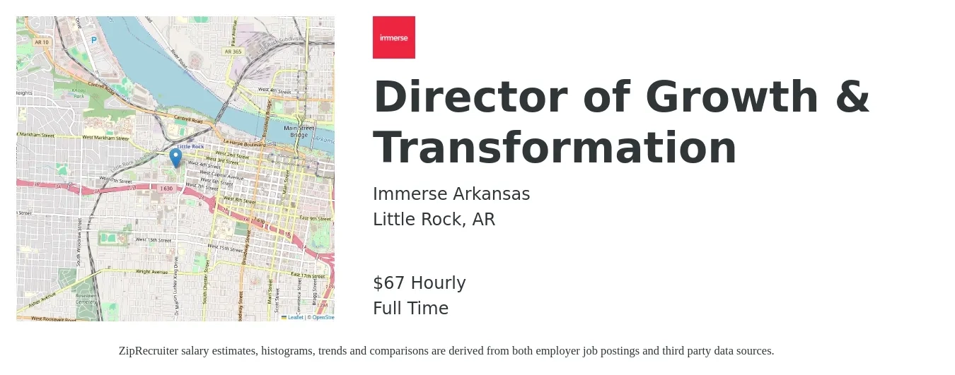 Immerse Arkansas job posting for a Director of Growth & Transformation in Little Rock, AR with a salary of $70 Hourly with a map of Little Rock location.