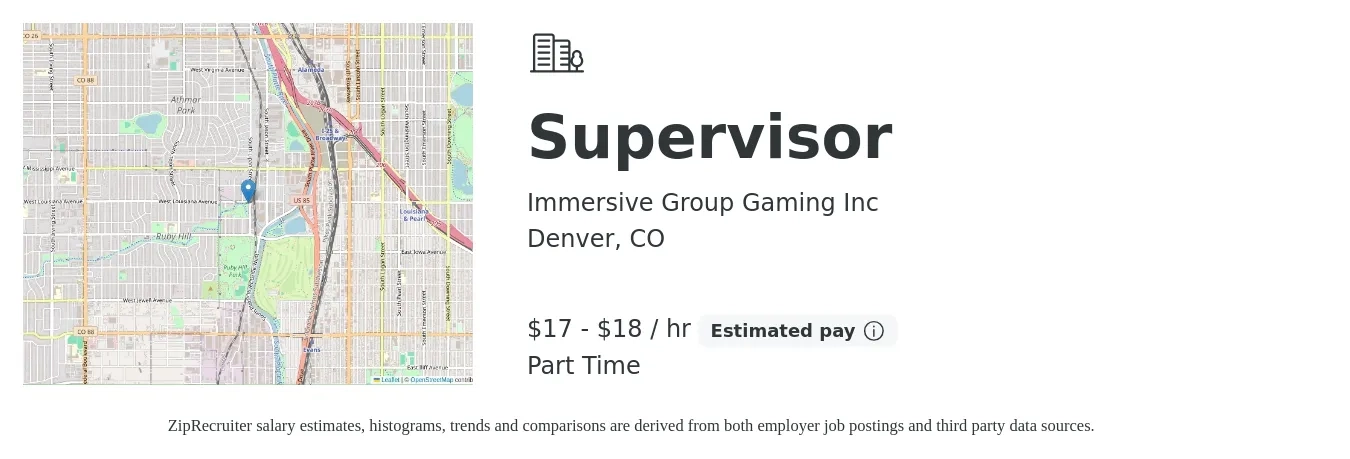Immersive Group Gaming Inc job posting for a Supervisor in Denver, CO with a salary of $18 to $19 Hourly with a map of Denver location.