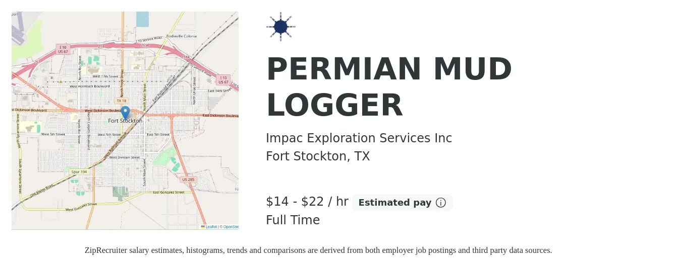 Impac Exploration Services Inc job posting for a PERMIAN MUD LOGGER in Fort Stockton, TX with a salary of $15 to $23 Hourly with a map of Fort Stockton location.