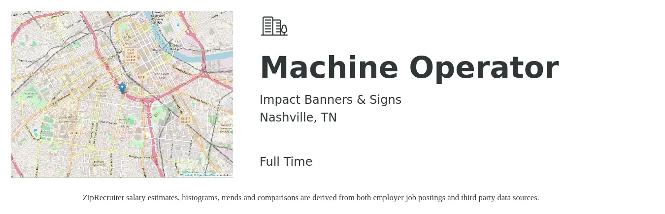 Impact Banners & Signs job posting for a Machine Operator in Nashville, TN with a salary of $16 to $20 Hourly with a map of Nashville location.