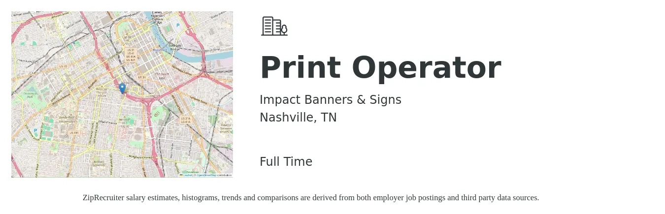 Impact Banners & Signs job posting for a Print Operator in Nashville, TN with a salary of $16 to $20 Hourly with a map of Nashville location.