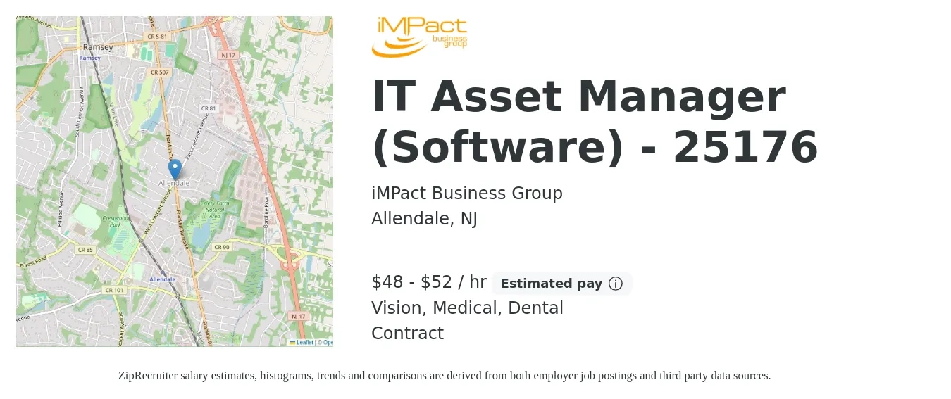 iMPact Business Group job posting for a IT Asset Manager (Software) - 25176 in Allendale, NJ with a salary of $50 to $55 Hourly and benefits including dental, life_insurance, medical, pto, retirement, and vision with a map of Allendale location.