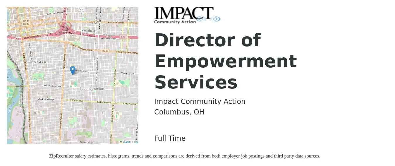 Impact Community Action job posting for a Director of Empowerment Services in Columbus, OH with a salary of $58,000 to $106,200 Yearly with a map of Columbus location.