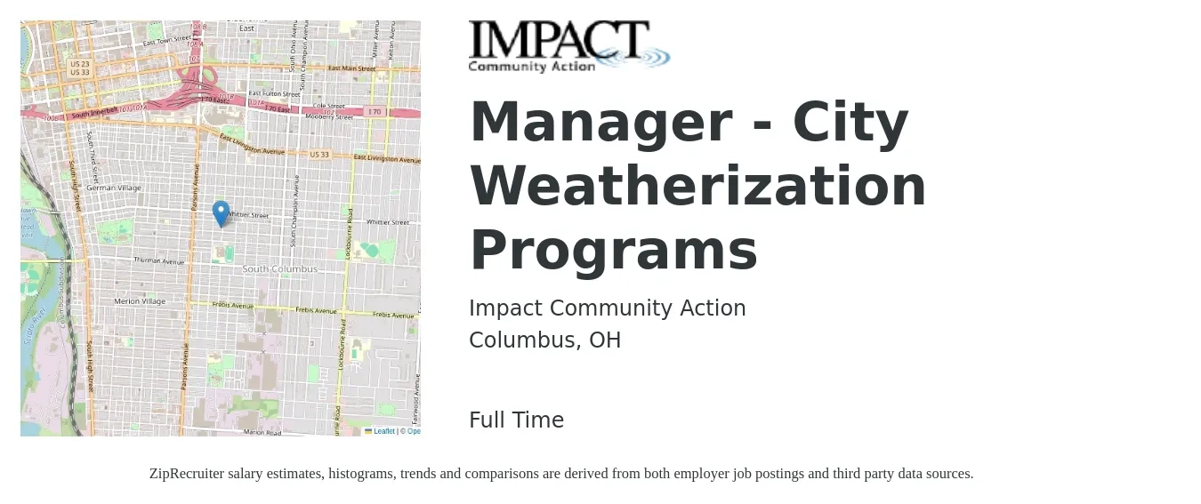 Impact Community Action job posting for a Manager - City Weatherization Programs in Columbus, OH with a salary of $50,000 Yearly with a map of Columbus location.