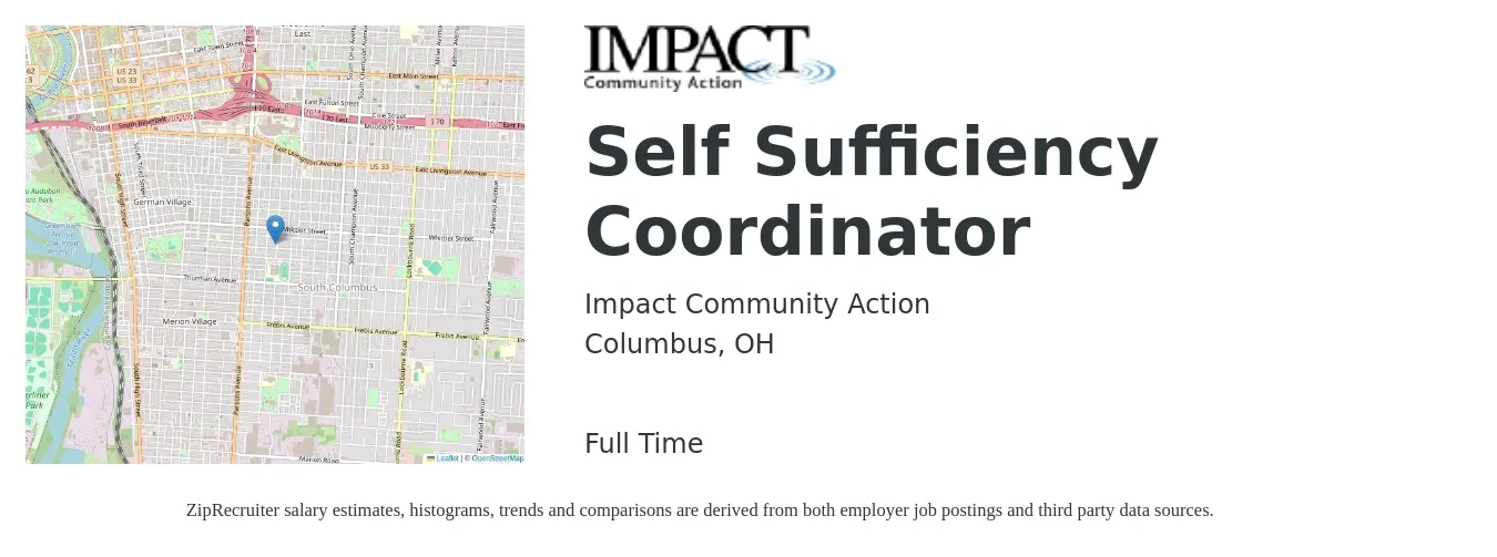 Impact Community Action job posting for a Self Sufficiency Coordinator in Columbus, OH with a salary of $21 Hourly with a map of Columbus location.