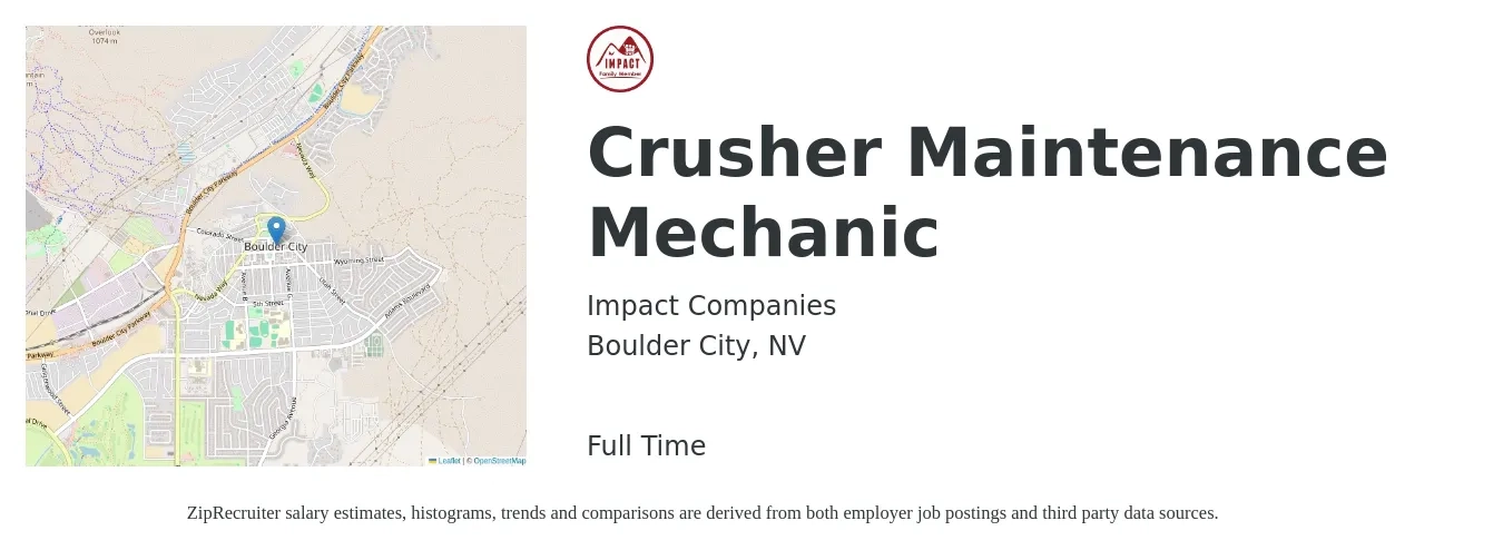 Impact Companies job posting for a Crusher Maintenance Mechanic in Boulder City, NV with a salary of $25 to $32 Hourly with a map of Boulder City location.
