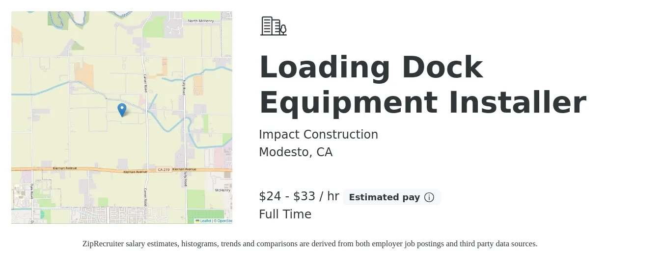 Impact Construction job posting for a Loading Dock Equipment Installer in Modesto, CA with a salary of $25 to $35 Hourly with a map of Modesto location.