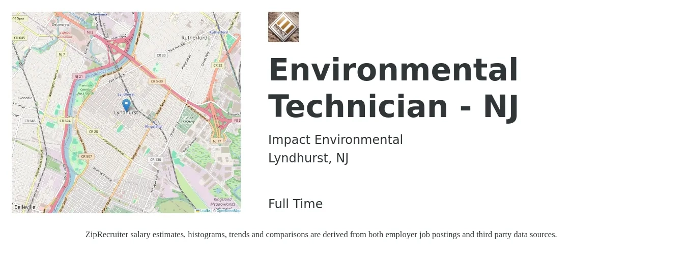 Impact Environmental job posting for a Environmental Technician - NJ in Lyndhurst, NJ with a salary of $22 to $26 Hourly with a map of Lyndhurst location.