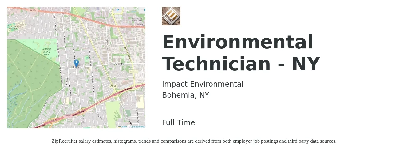 Impact Environmental job posting for a Environmental Technician - NY in Bohemia, NY with a salary of $22 to $26 Hourly with a map of Bohemia location.