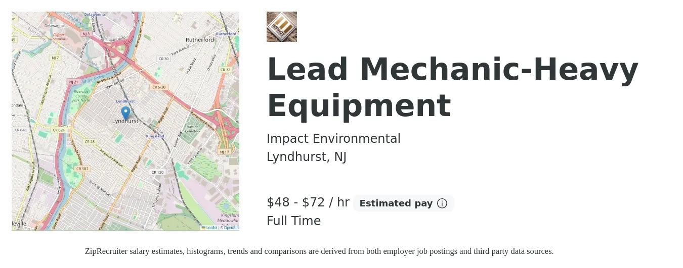 Impact Environmental job posting for a Lead Mechanic-Heavy Equipment in Lyndhurst, NJ with a salary of $50 to $75 Hourly with a map of Lyndhurst location.