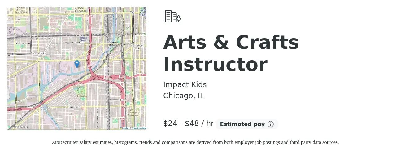 Impact Kids job posting for a Arts & Crafts Instructor in Chicago, IL with a salary of $25 to $50 Hourly with a map of Chicago location.