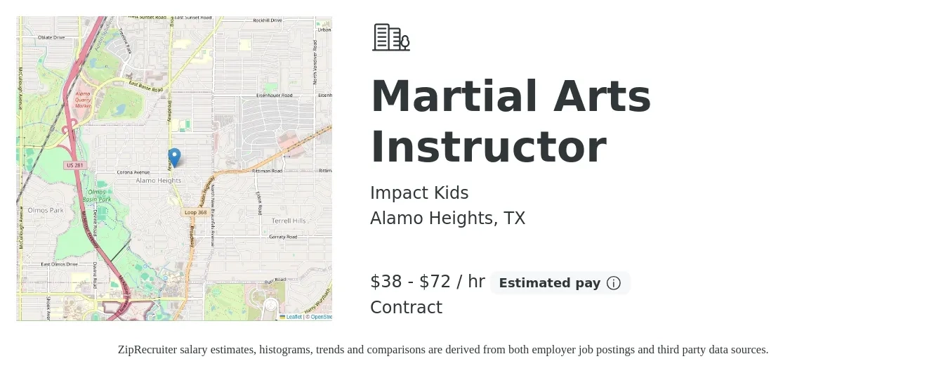 Impact Kids job posting for a Martial Arts Instructor in Alamo Heights, TX with a salary of $40 to $75 Hourly with a map of Alamo Heights location.