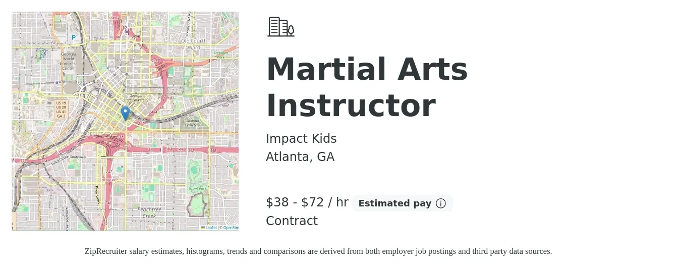 Impact Kids job posting for a Martial Arts Instructor in Atlanta, GA with a salary of $40 to $75 Hourly with a map of Atlanta location.